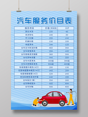 精细洗车爱车养护汽车美容价目表模板设计汽车价格表